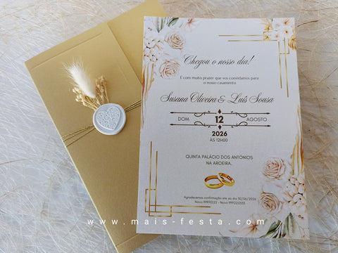 Convite de casamento Ouro e Rosas